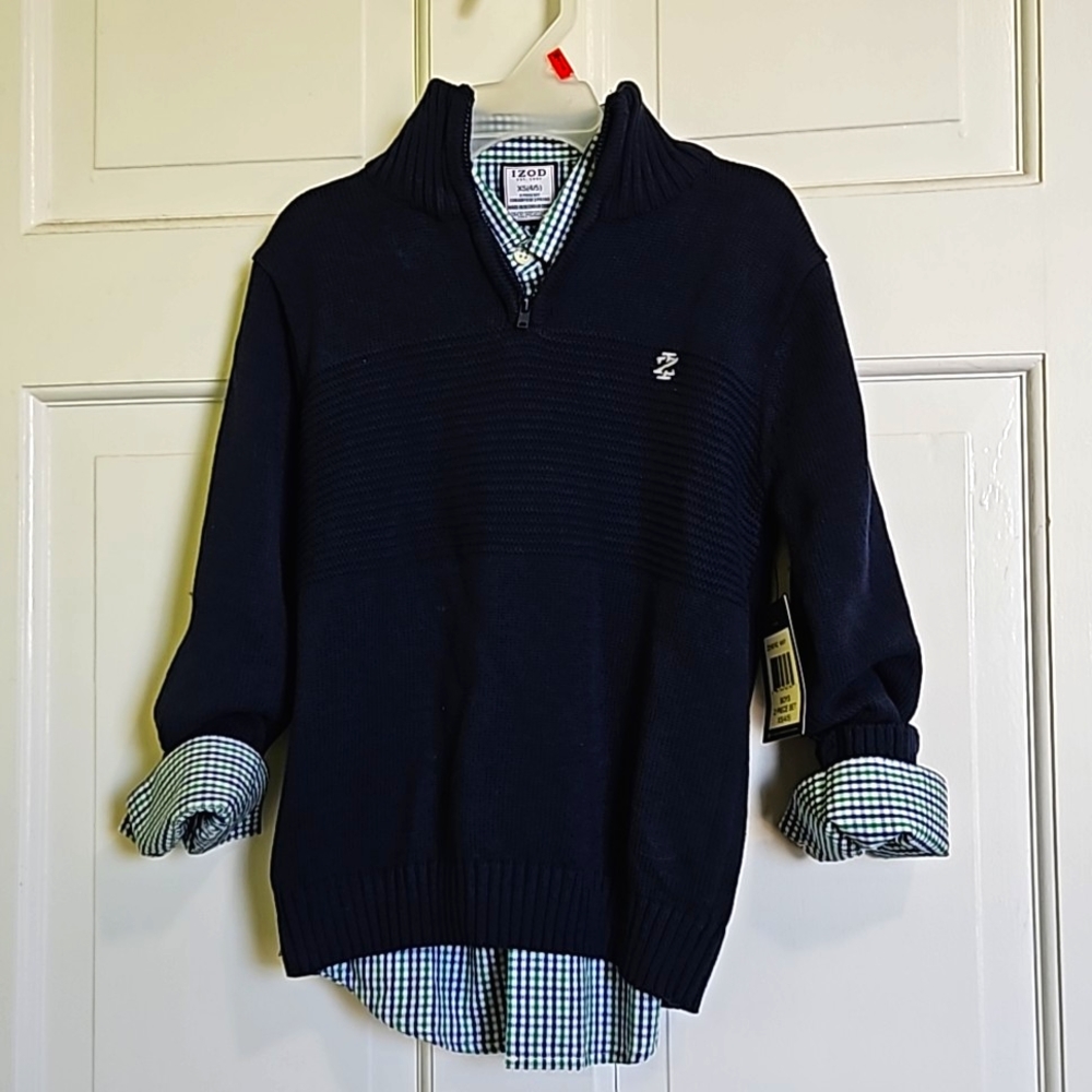 IZOD Kids Quarter Zip Navy Sweater & Green Gingham Shirt Set NWT Size 4/5 XS